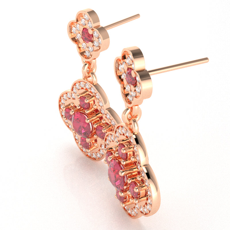 Shamrock Clover Flower Leaf Pink Tourmaline Diamond Earrings In 14k Rose Gold