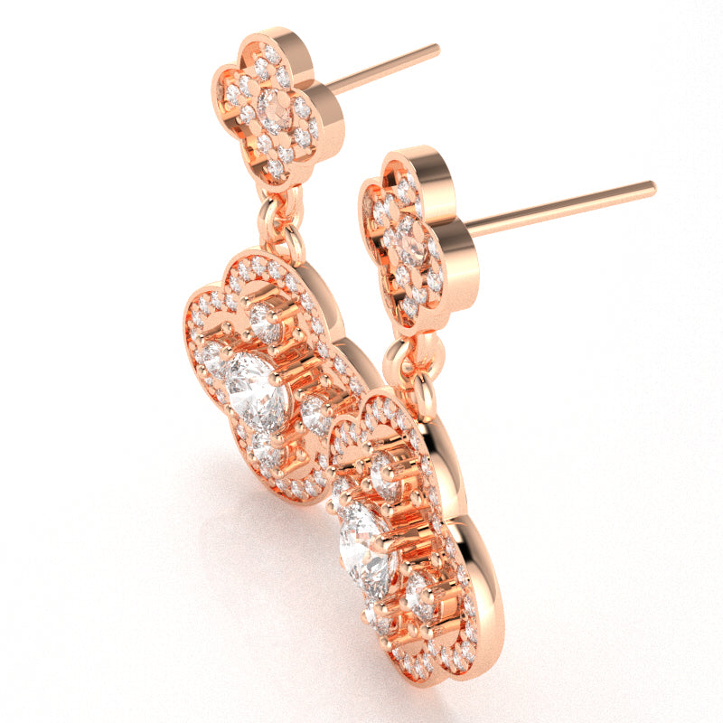 Shamrock Clover Flower Leaf White Topaz Diamond Earrings In 14k Rose Gold