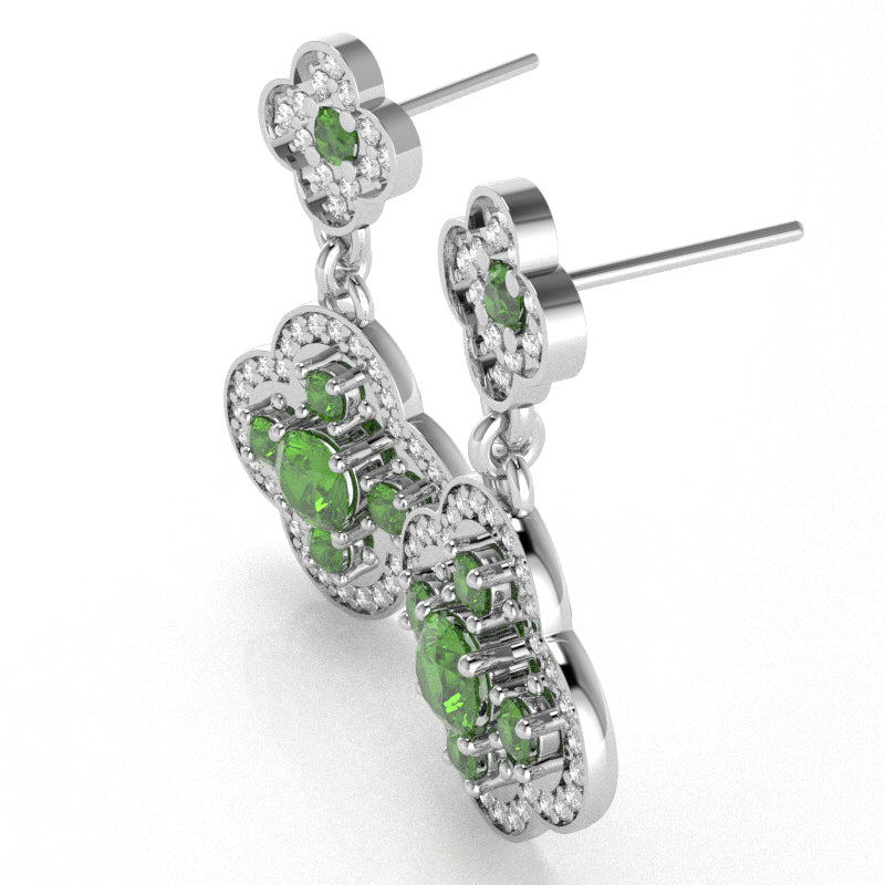 Shamrock Clover Flower Leaf Peridot Diamond Earrings In 14k White Gold