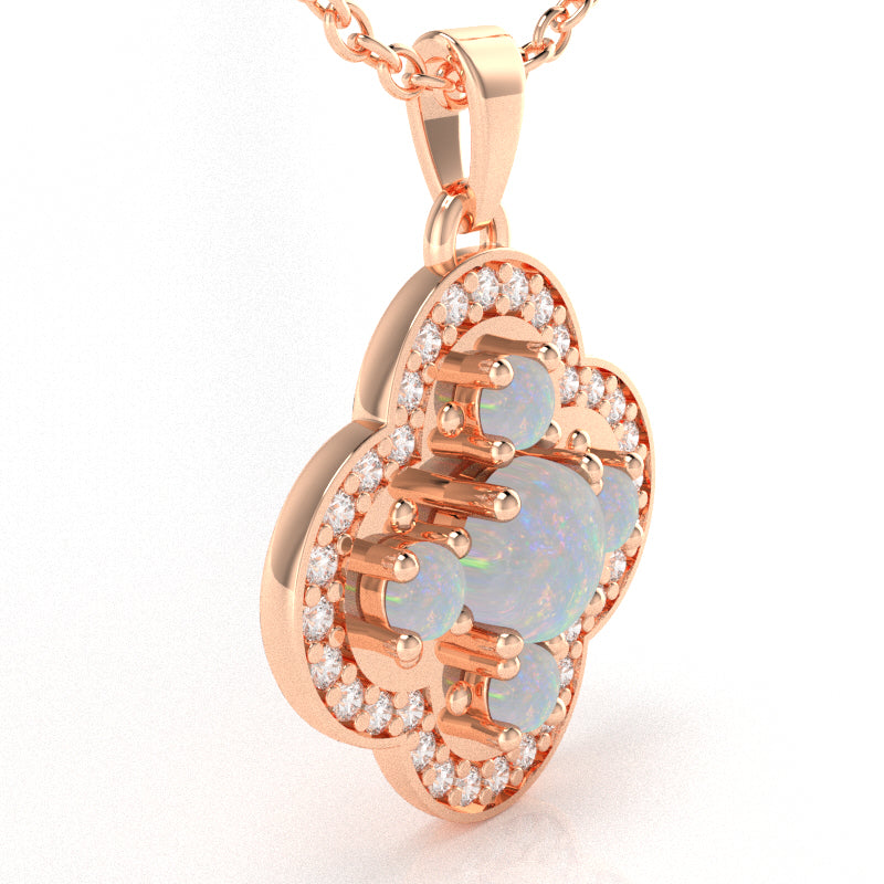 Shamrock Clover Flower Leaf Opal Diamond Pendant In 14k Rose Gold