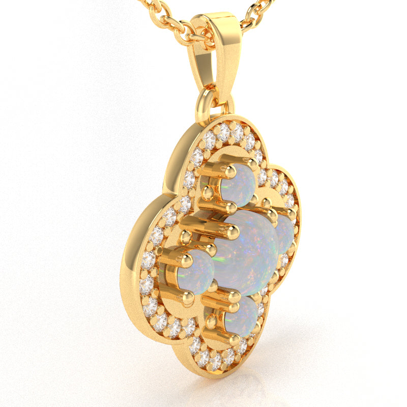 Shamrock Clover Flower Leaf Opal Diamond Pendant In 14k Yellow Gold