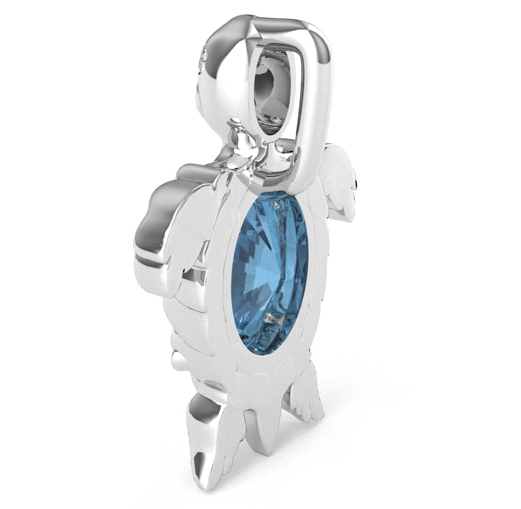 Blue Topaz Diamond  Sea Turtle Pendant In 14k White Gold
