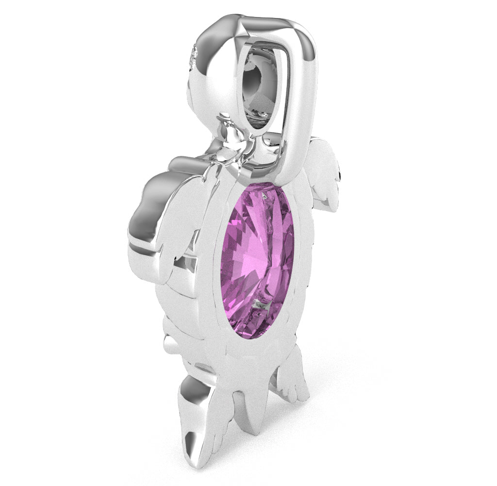 Lab-Created Pink Sapphire Diamond  Sea Turtle Pendant In 14k White Gold
