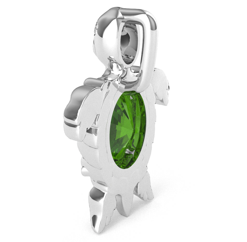 Peridot Diamond  Sea Turtle Pendant In 10k White Gold