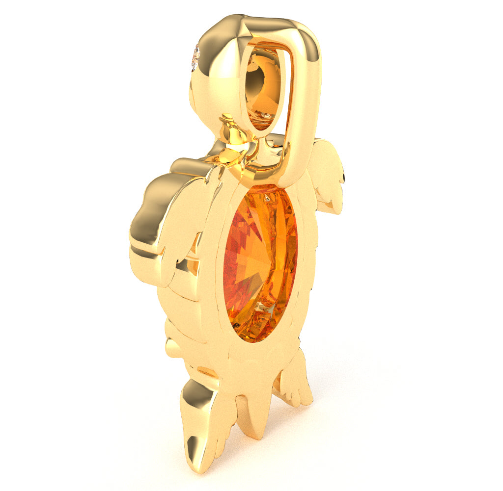 Citrine Diamond  Sea Turtle Pendant In 14k Yellow Gold