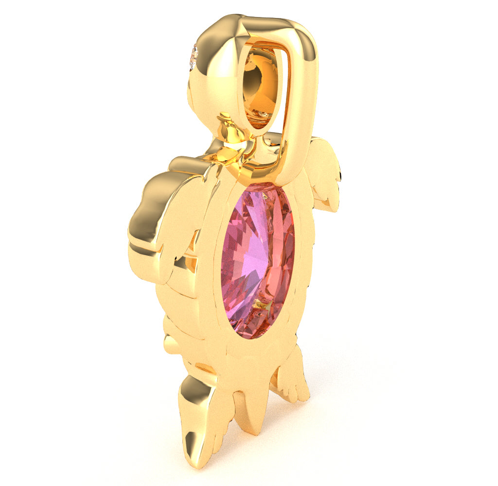 Lab-Created Pink Sapphire Diamond  Sea Turtle Pendant In 14k Yellow Gold