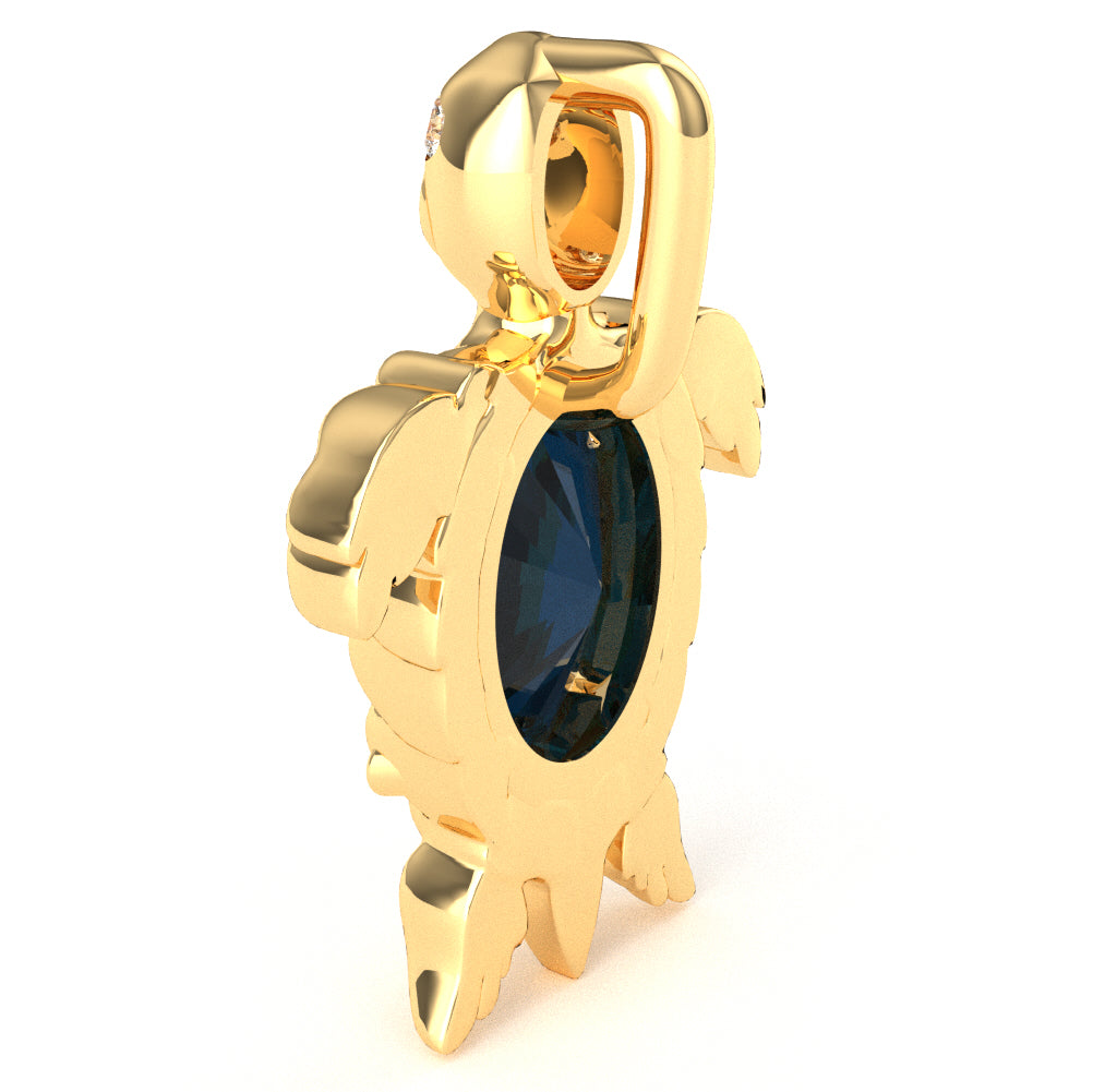 Lab-Created Sapphire Diamond  Sea Turtle Pendant In 10k Yellow Gold
