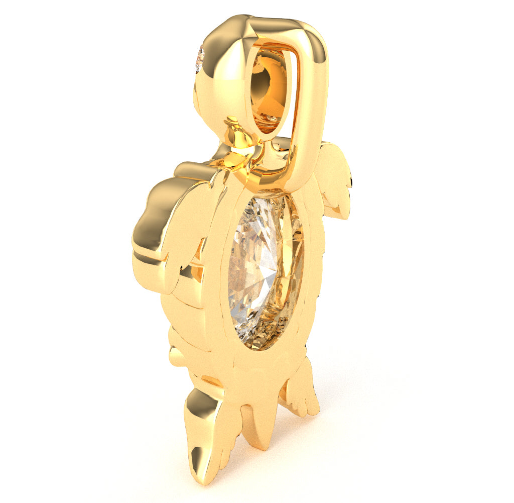 White Topaz Diamond  Sea Turtle Pendant In 10k Yellow Gold