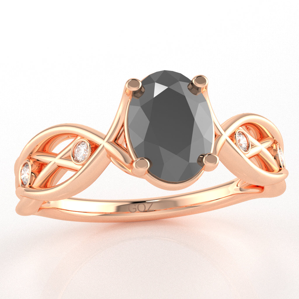 Black Onyx Diamond Celtic Knot Curles Ring In 14k Rose Gold