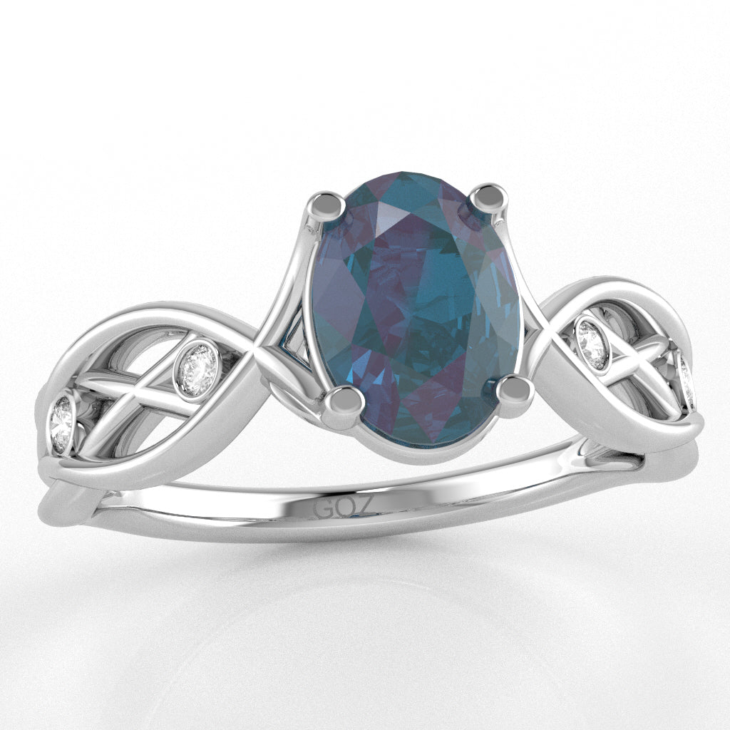 Lab-Created Alexandrite Diamond Celtic Knot Curles Ring In 14k White Gold