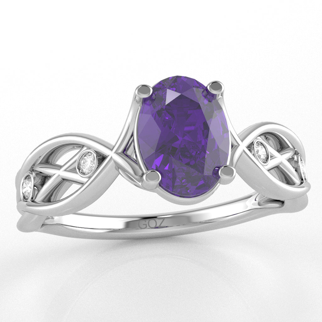 Amethyst Diamond Celtic Knot Curles Ring In 14k White Gold