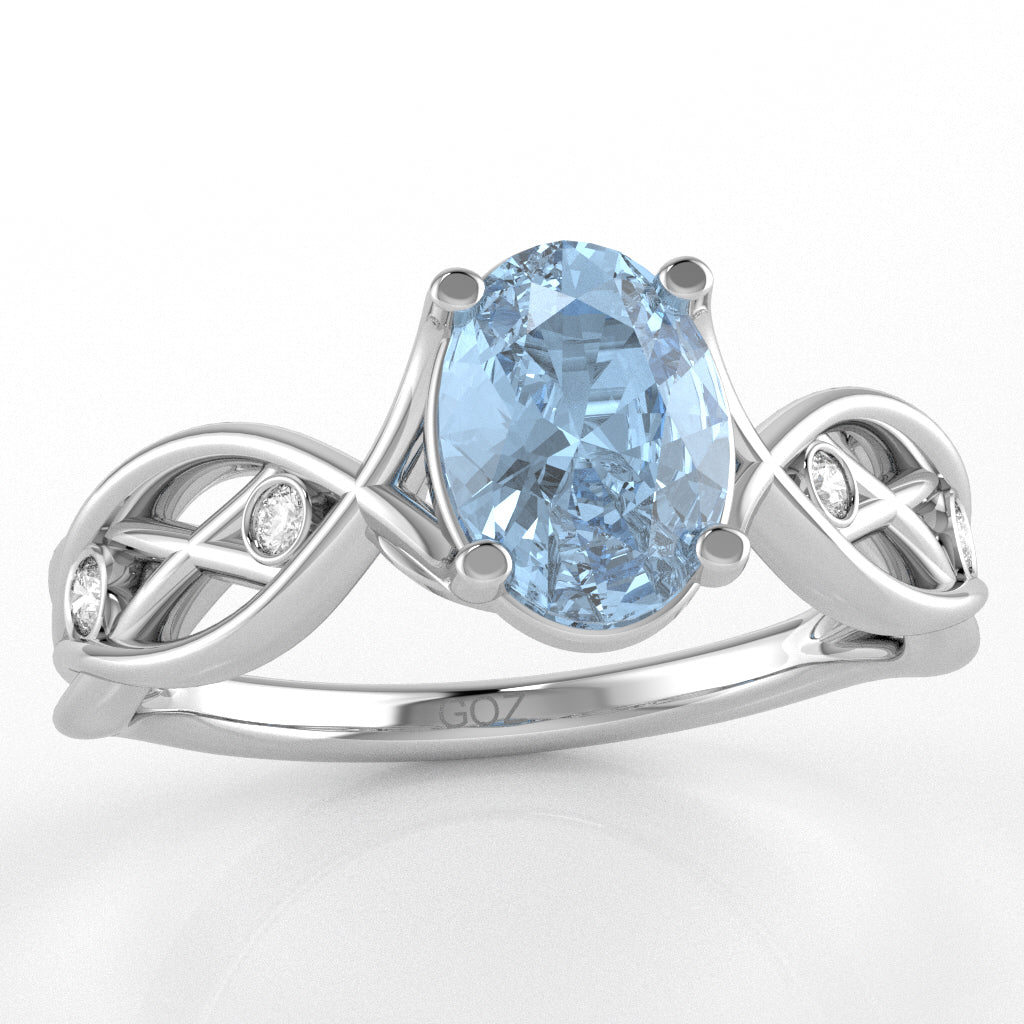 Aquamarine Diamond Celtic Knot Curles Ring In 14k White Gold