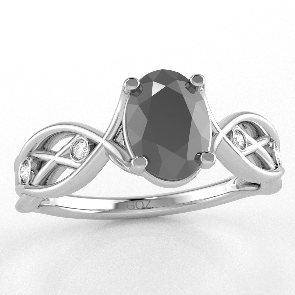 Black Onyx Diamond Celtic Knot Curles Ring In 14k White Gold