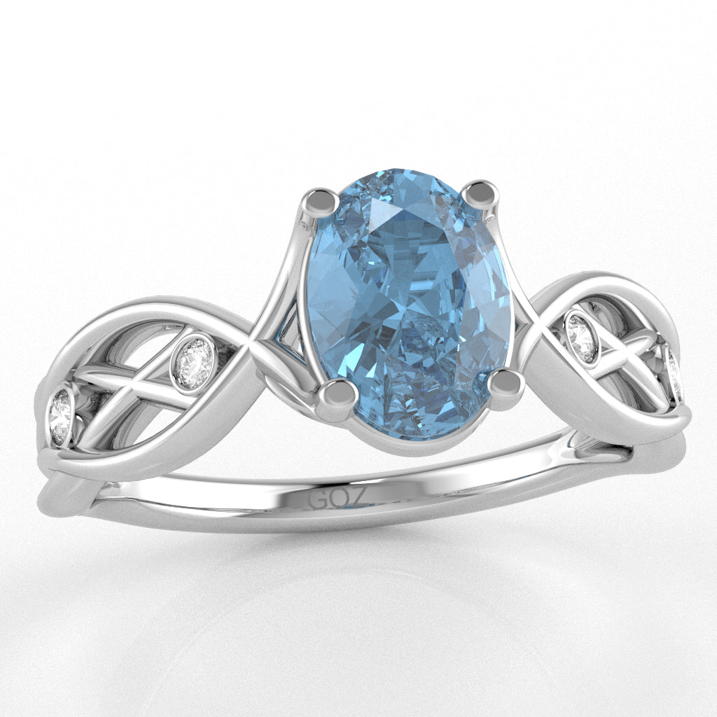 Blue Topaz Diamond Celtic Knot Curles Ring In 14k White Gold