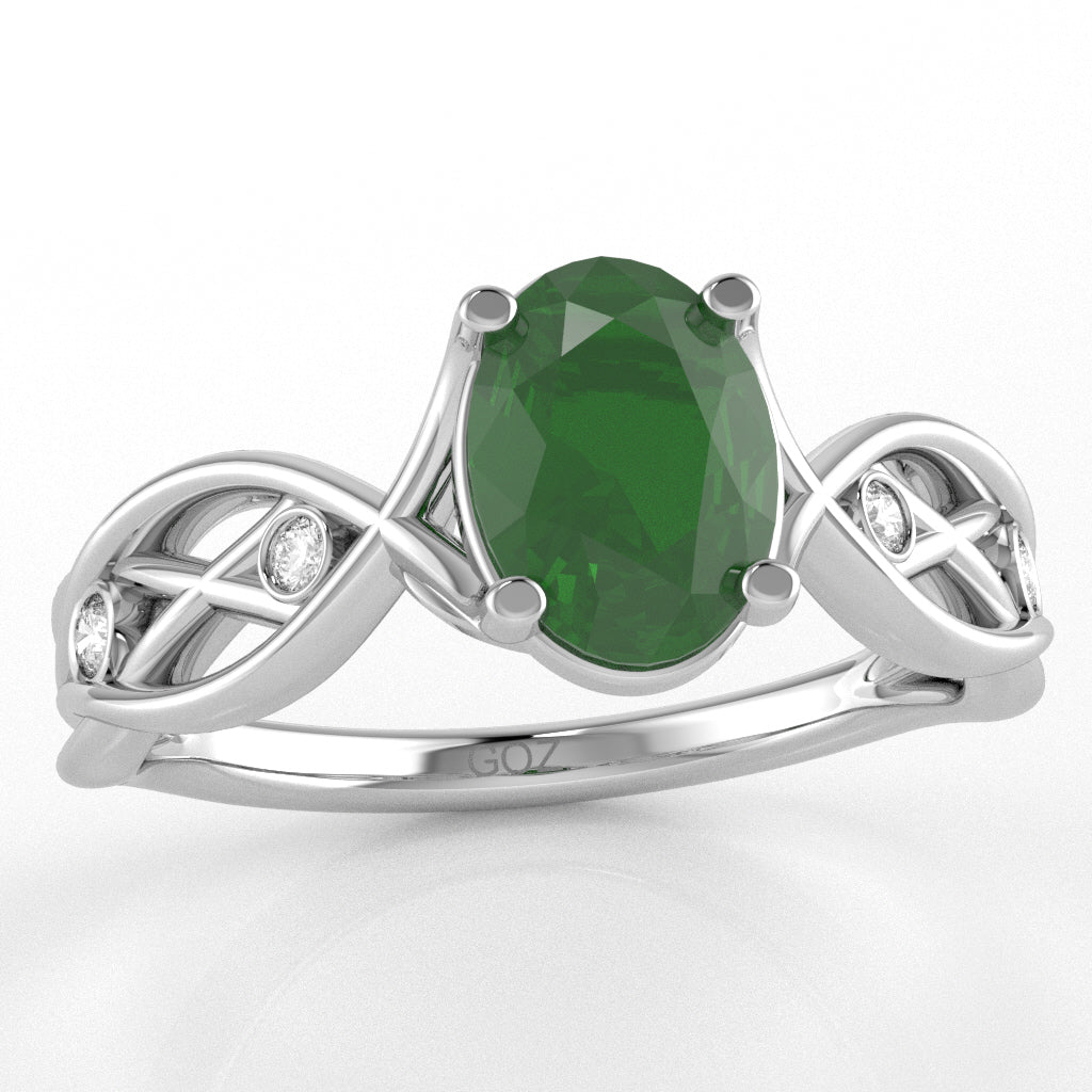 Emerald Diamond Celtic Knot Curles Ring In 14k White Gold