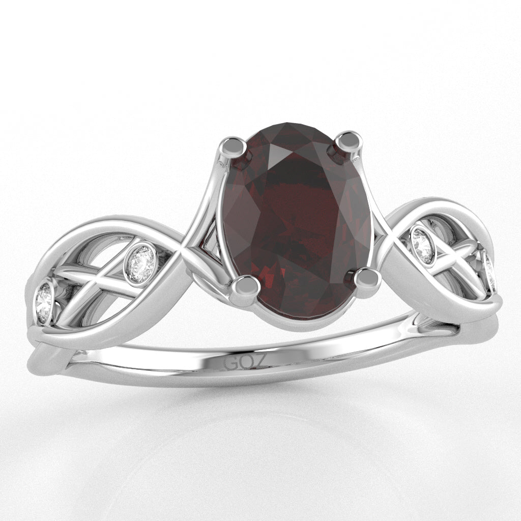 Garnet Diamond Celtic Knot Curles Ring In 14k White Gold