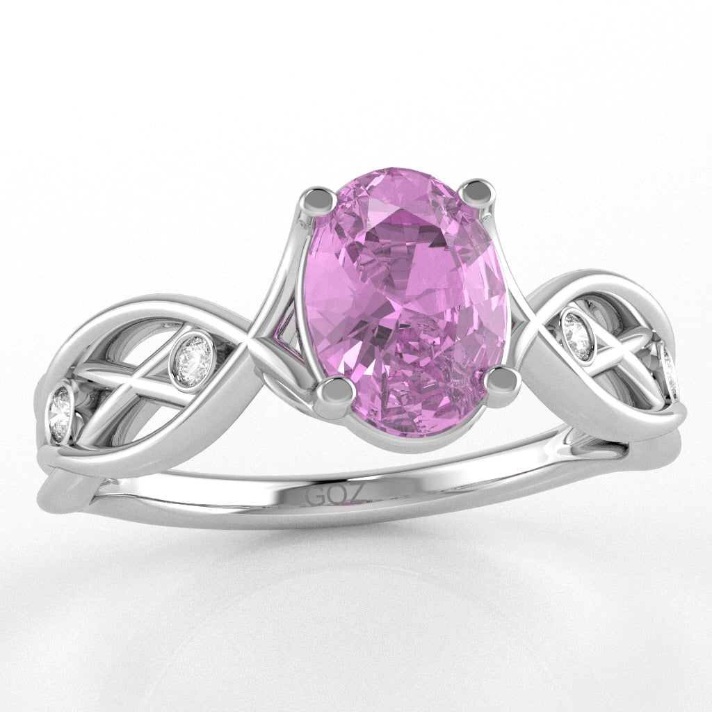 Lab-Created Pink Sapphire Diamond Celtic Knot Curles Ring In 10k White Gold