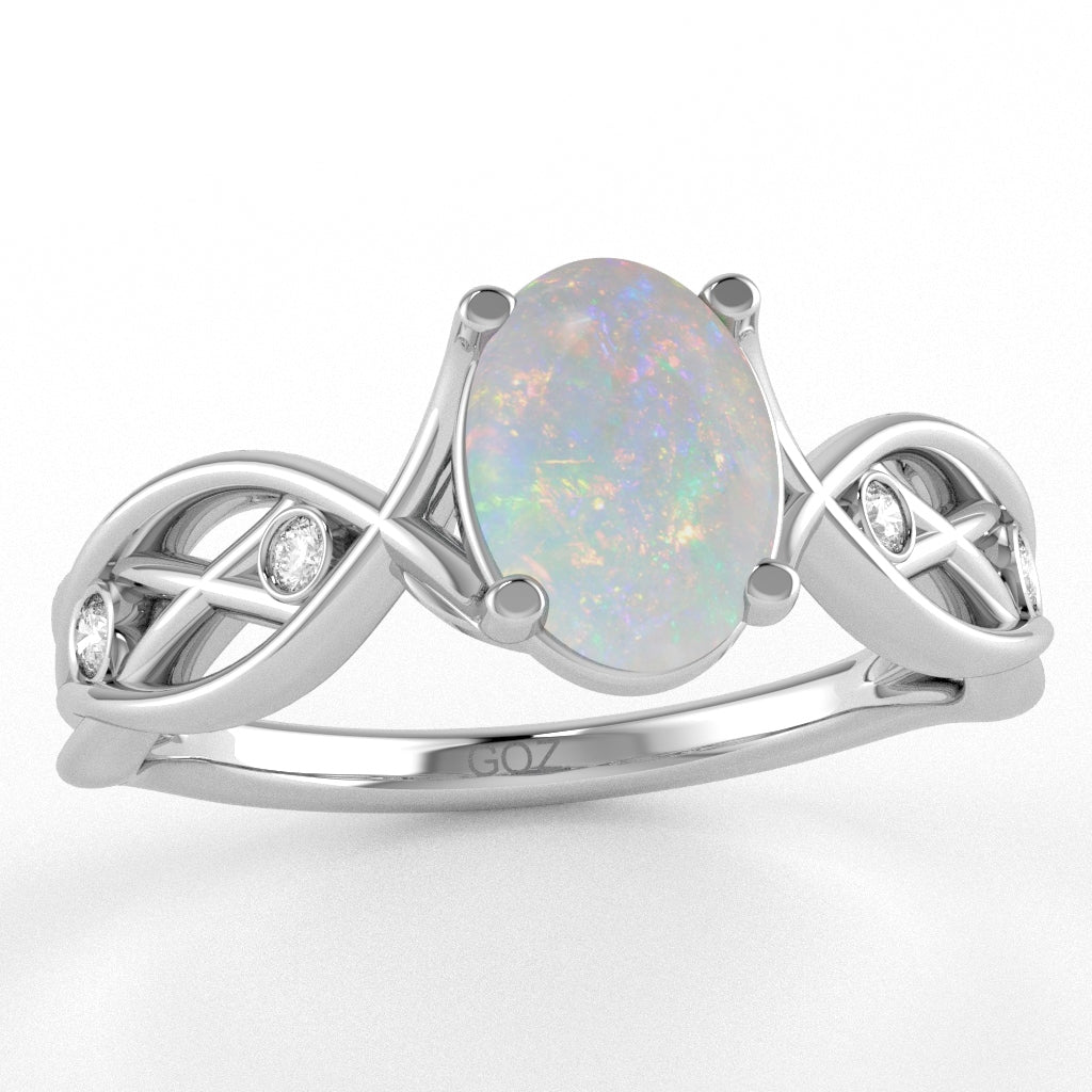 Opal Diamond Celtic Knot Curles Ring In 14k White Gold