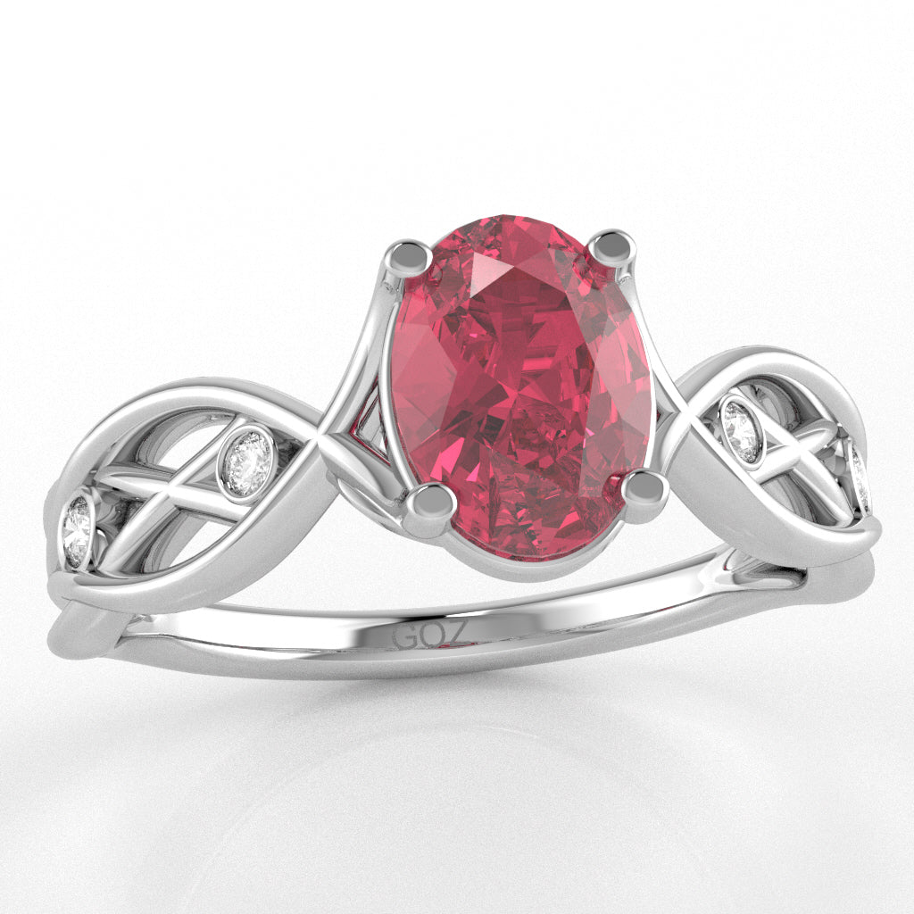 Pink Tourmaline Diamond Celtic Knot Curles Ring In 14k White Gold