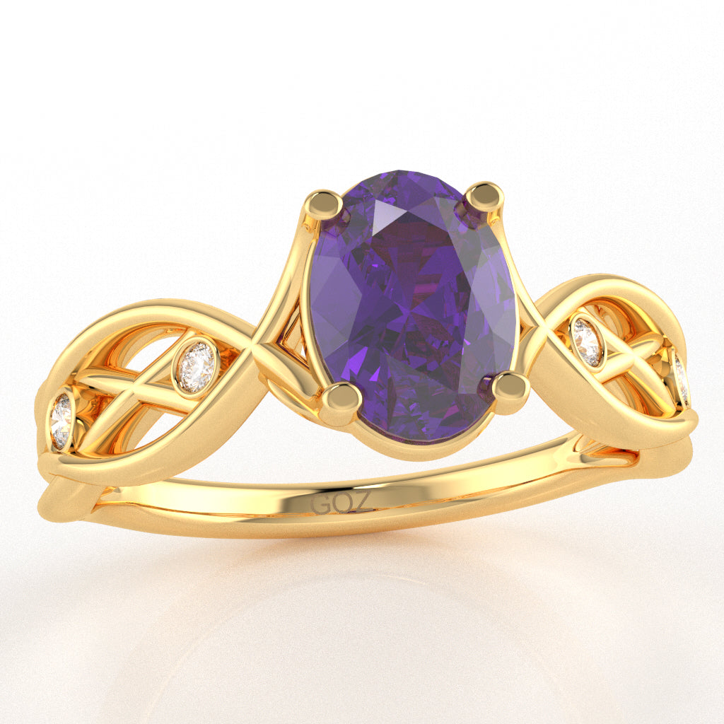Amethyst Diamond Celtic Knot Curles Ring In 14k Yellow Gold