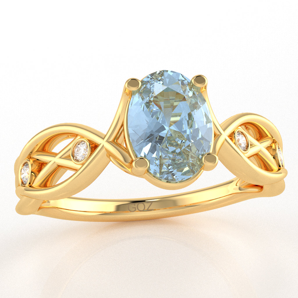 Aquamarine Diamond Celtic Knot Curles Ring In 10k Yellow Gold