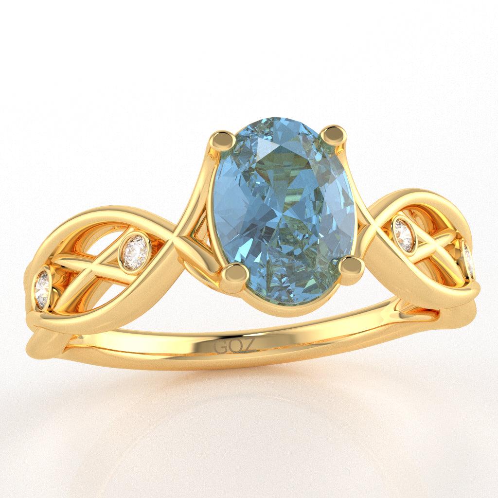 Blue Topaz Diamond Celtic Knot Curles Ring In 14k Yellow Gold