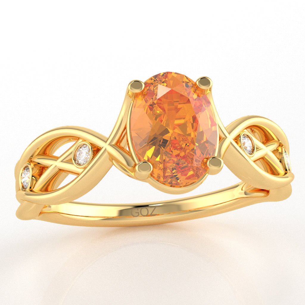 Citrine Diamond Celtic Knot Curles Ring In 10k Yellow Gold