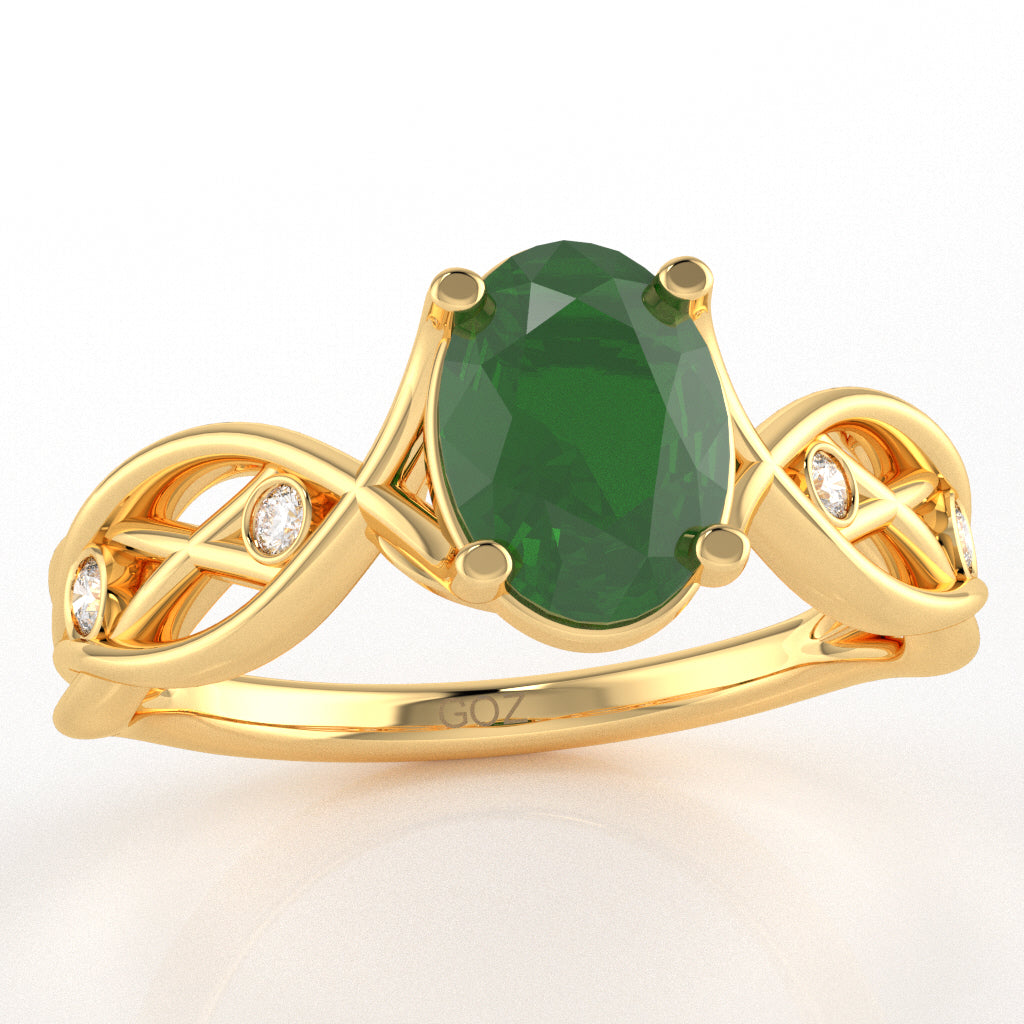 Emerald Diamond Celtic Knot Curles Ring In 14k Yellow Gold