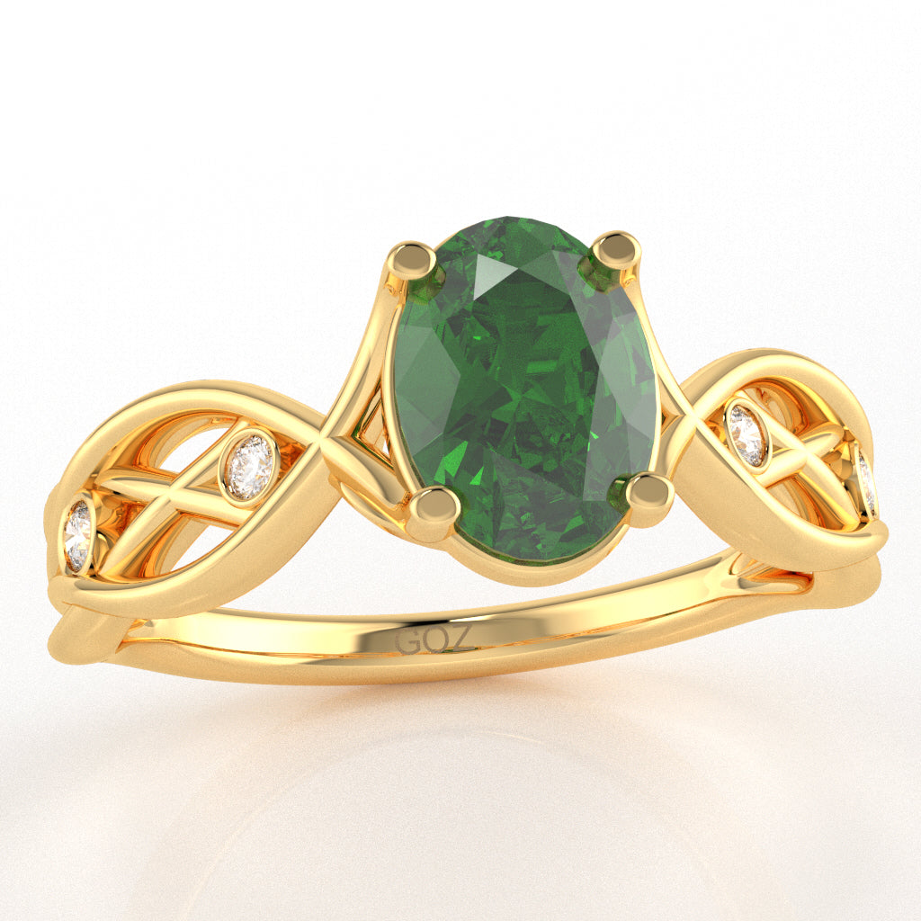 Lab-Created Emerald Diamond Celtic Knot Curles Ring In 14k Yellow Gold