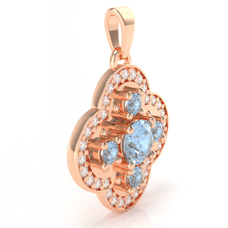 Shamrock Clover Flower Leaf Aquamarine Diamond Pendant In 14k Rose Gold