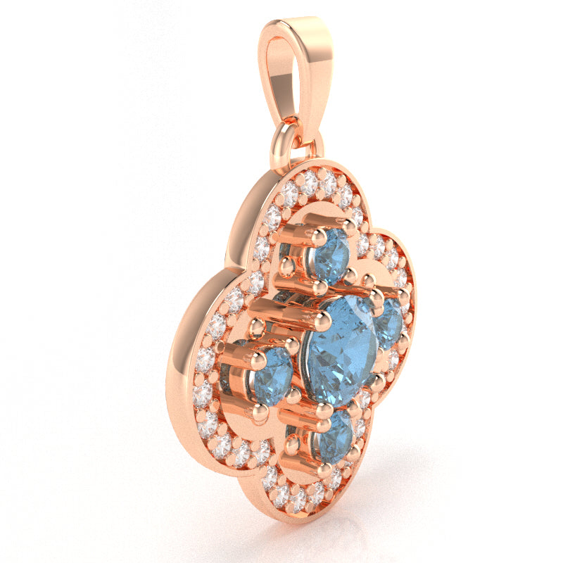 Shamrock Clover Flower Leaf Blue Topaz Diamond Pendant In 14k Rose Gold