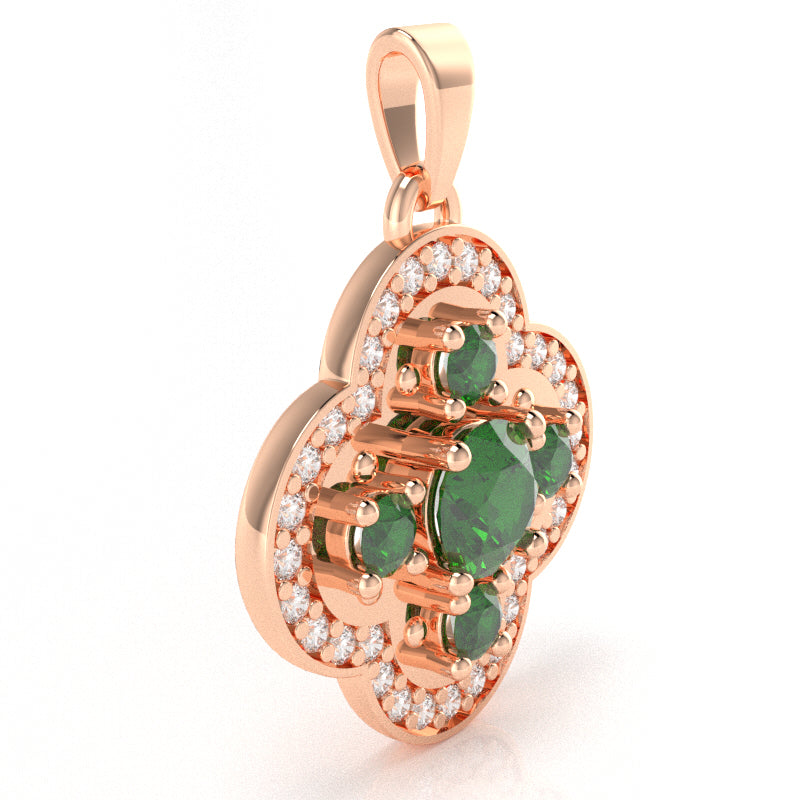Shamrock Clover Flower Leaf Lab-Created Emerald Diamond Pendant In 14k Rose Gold