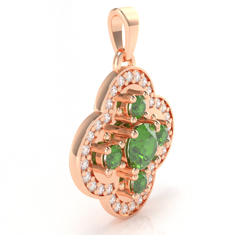 Shamrock Clover Flower Leaf Peridot Diamond Pendant In 14k Rose Gold