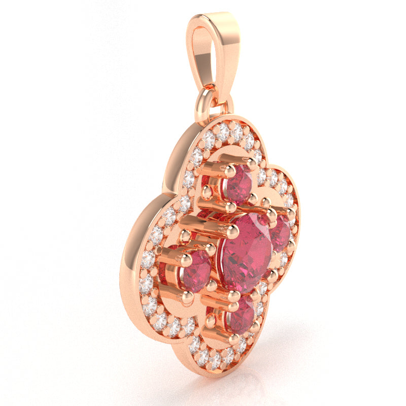 Shamrock Clover Flower Leaf Pink Tourmaline Diamond Pendant In 14k Rose Gold