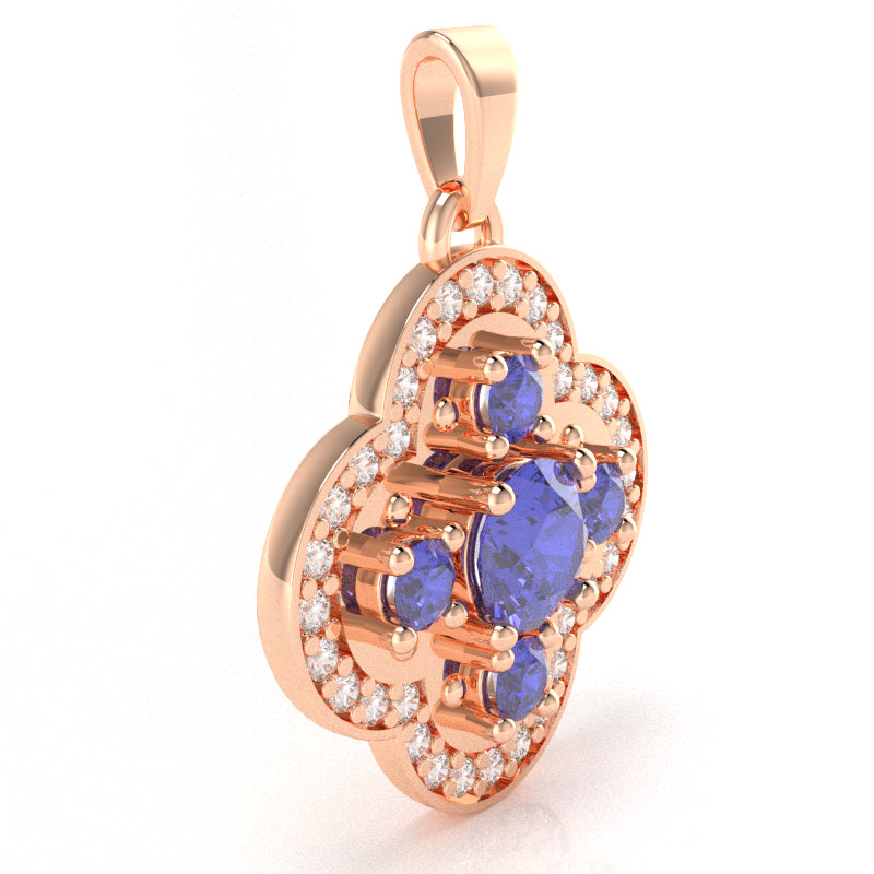 Shamrock Clover Flower Leaf Tanzanite Diamond Pendant In 14k Rose Gold