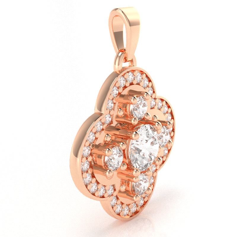 Shamrock Clover Flower Leaf White Topaz Diamond Pendant In 14k Rose Gold