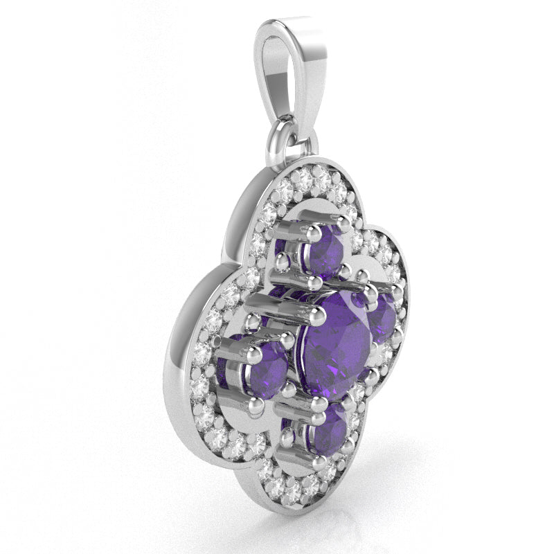 Shamrock Clover Flower Leaf Amethyst Diamond Pendant In 14k White Gold