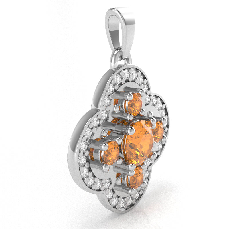 Shamrock Clover Flower Leaf Citrine Diamond Pendant In 14k White Gold