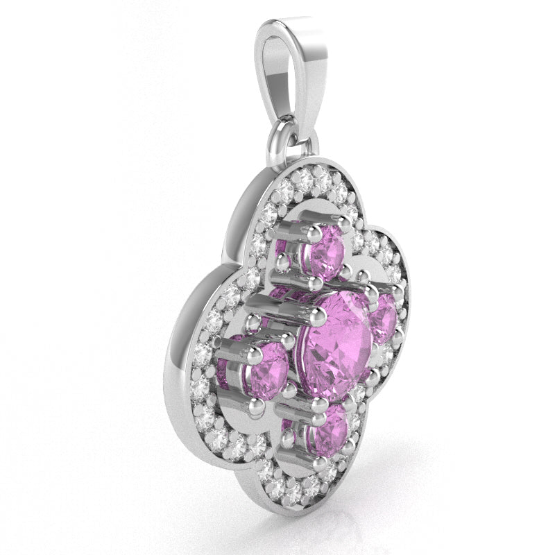 Shamrock Clover Flower Leaf Lab-Created Pink Sapphire Diamond Pendant In 14k White Gold