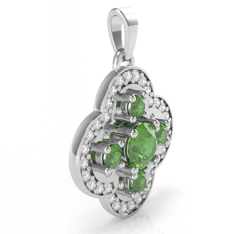 Shamrock Clover Flower Leaf Peridot Diamond Pendant In 14k White Gold