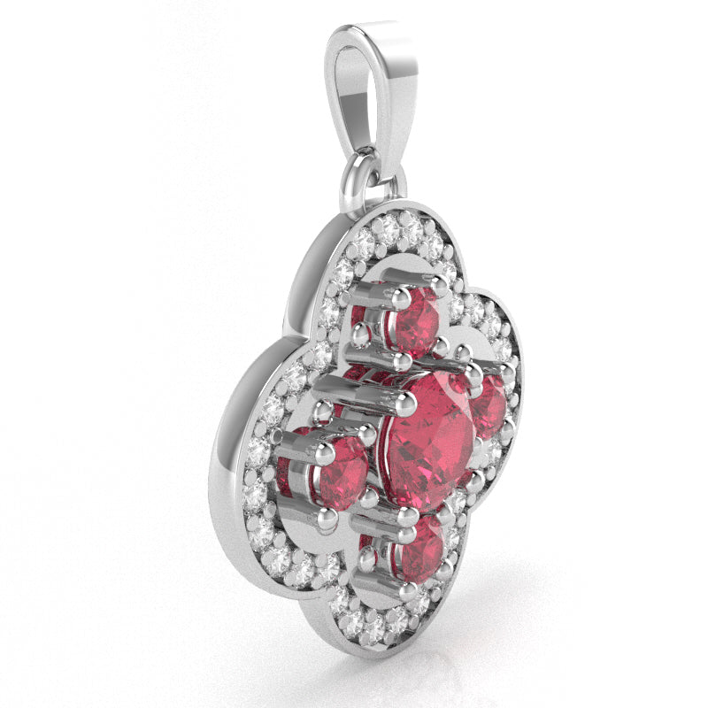 Shamrock Clover Flower Leaf Pink Tourmaline Diamond Pendant In 14k White Gold