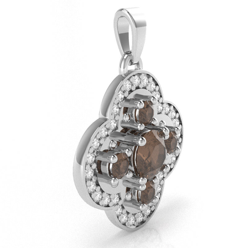 Shamrock Clover Flower Leaf Smoky Quartz Diamond Pendant In 14k White Gold