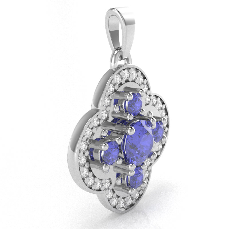 Shamrock Clover Flower Leaf Tanzanite Diamond Pendant In 14k White Gold