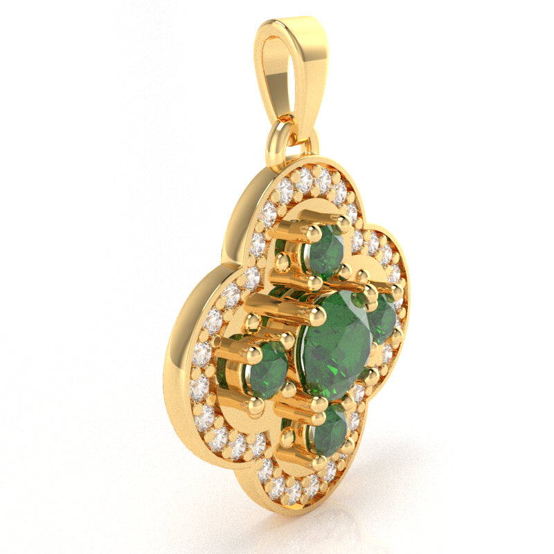 Shamrock Clover Flower Leaf Lab-Created Emerald Diamond Pendant In 14k Yellow Gold