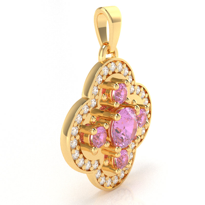 Shamrock Clover Flower Leaf Lab-Created Pink Sapphire Diamond Pendant In 14k Yellow Gold