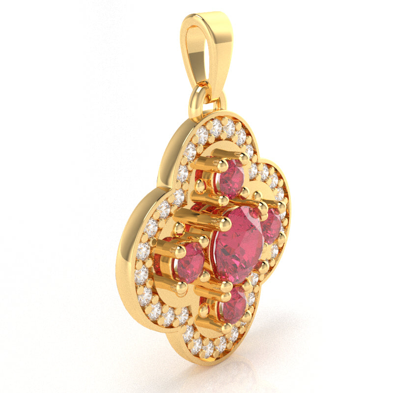 Shamrock Clover Flower Leaf Pink Tourmaline Diamond Pendant In 14k Yellow Gold