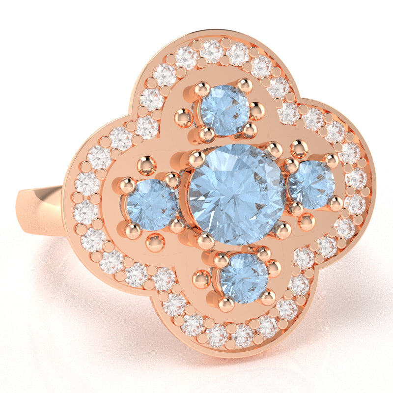 Shamrock Clover Flower Leaf Aquamarine Diamond Ring In 14k Rose Gold