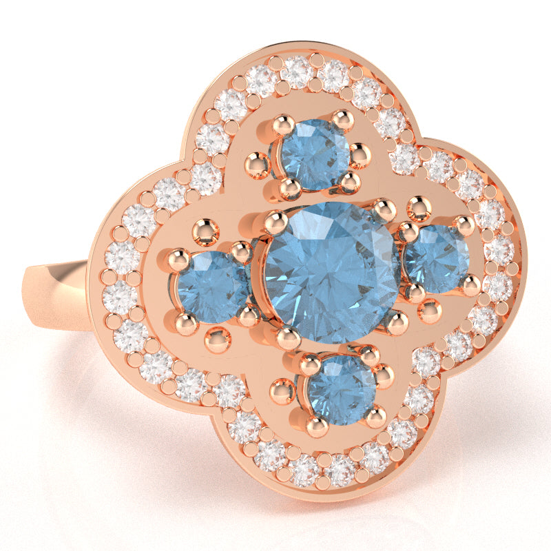 Shamrock Clover Flower Leaf Blue Topaz Diamond Ring In 14k Rose Gold