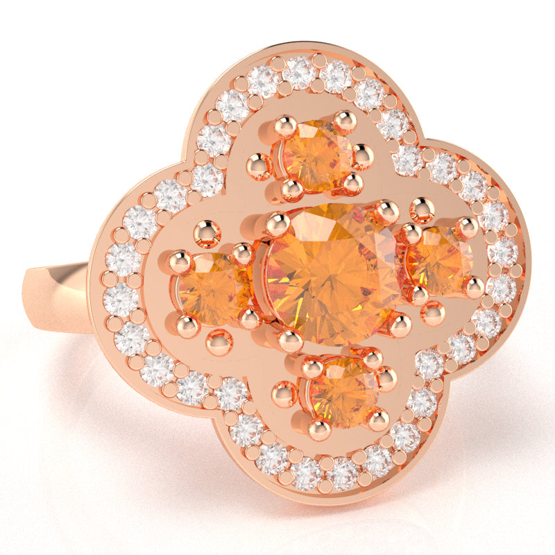 Shamrock Clover Flower Leaf Citrine Diamond Ring In 14k Rose Gold
