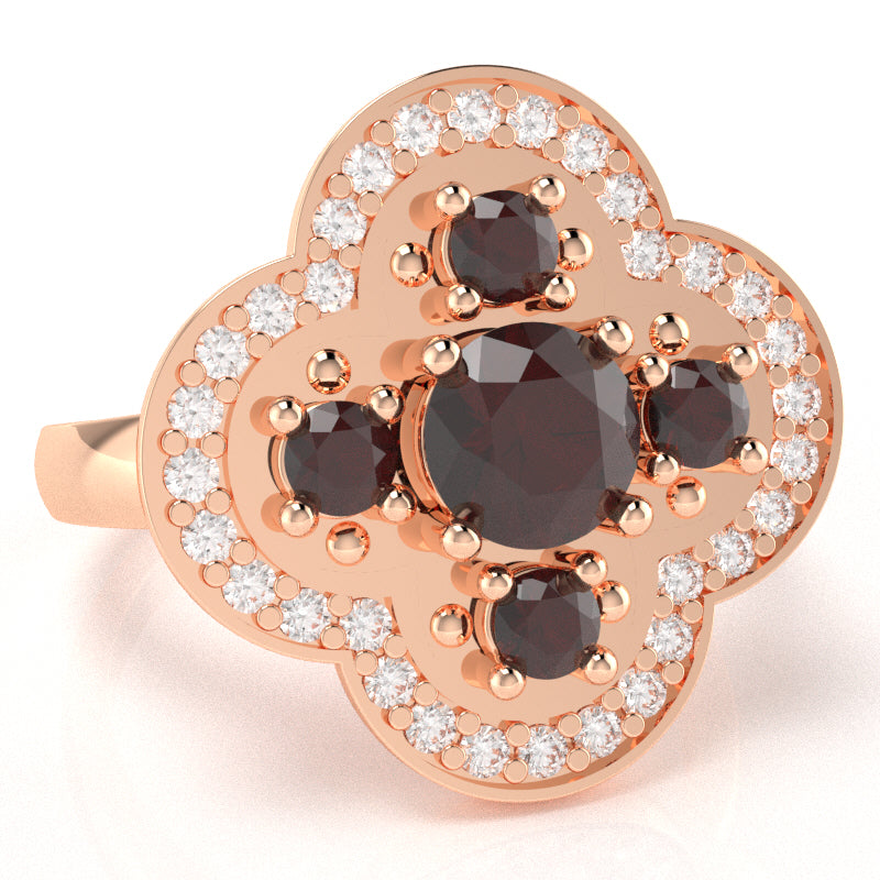 Shamrock Clover Flower Leaf Garnet Diamond Ring In 14k Rose Gold